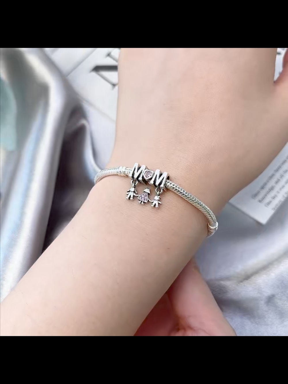 Sterling Silver 'MOM' Charm Bracelet with Family Dangles - Silver